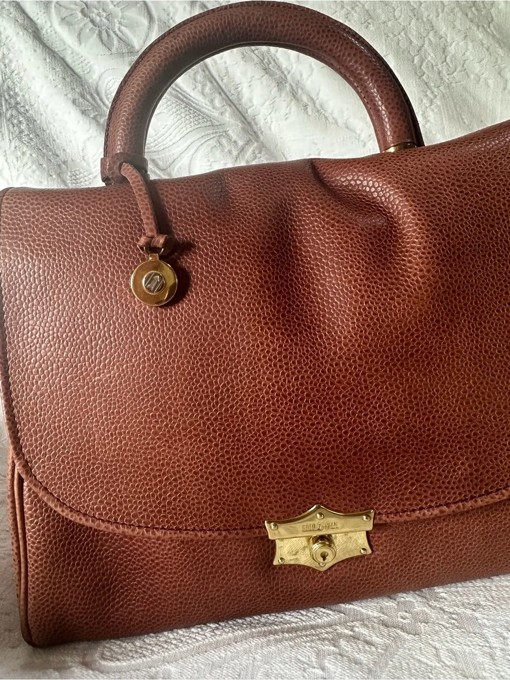 Vintage GOLDPFEIL Germany Brown Pebble Leather Top Handle Satchel Bag Brass Lock